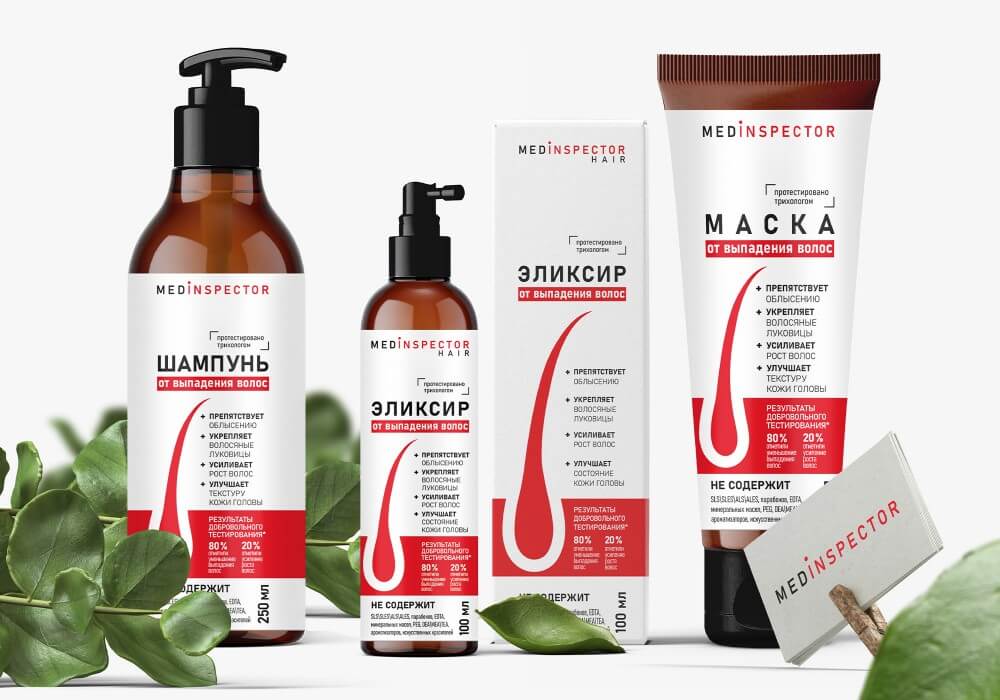 Medinspector - Упаковка, этикетки и логотип для линейки средств от выпадения волос